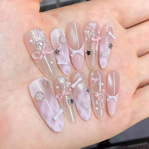 蝴蝶结半手工猫眼手工穿戴甲粉色格纹可爱新高级显白爆闪氛围美甲