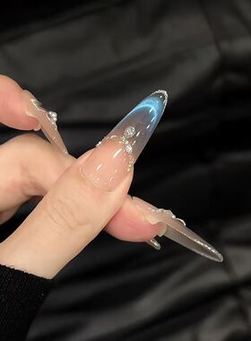 幽蓝魅影蓝色法式纯手工猫眼美甲高级气质超级显白手工穿戴美甲贴