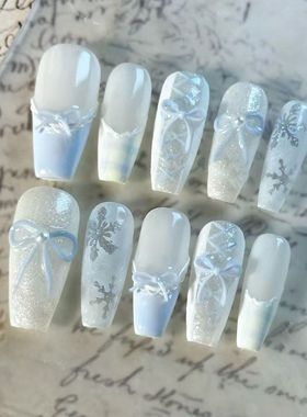 冬季霜雪半手工穿戴新款蓝色法式气质蝴蝶结高级ins温柔美甲显白