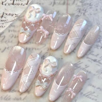 猫眼2025半手工美甲蝴蝶结粉色法式穿戴甲显白指甲气质守护甜心