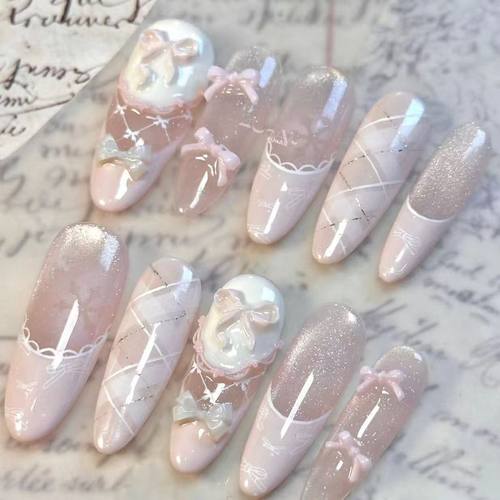 猫眼2025半手工美甲蝴蝶结粉色法式穿戴甲显白指甲气质守护甜心