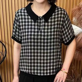 新款 中老年洋气妈妈装 女2025夏季 薄款 宽松显瘦T恤上衣 格子短袖