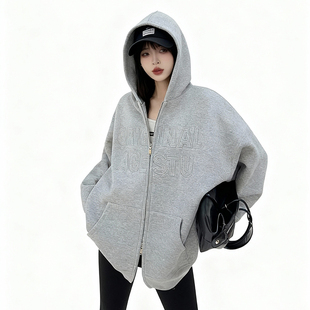 休闲风重磅字母印花连帽拉链开衫 卫衣女宽松外套