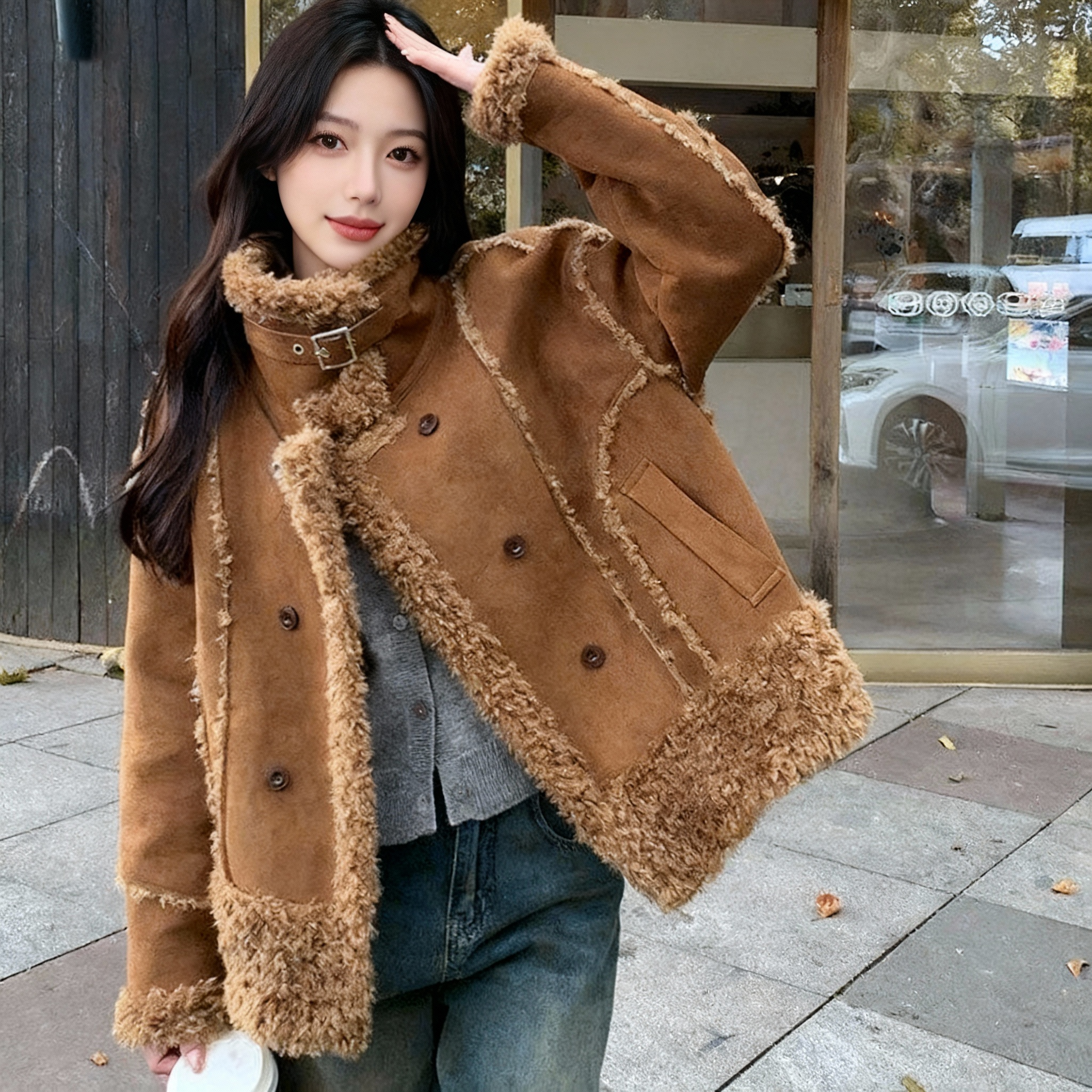 新款韩版皮毛一体外套女加厚宽松