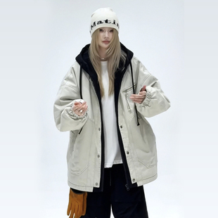 潮流连帽假两件棉服外套男女宽松通勤拉链棉衣冬季 保暖