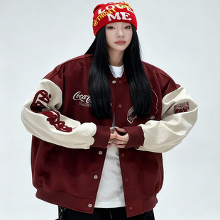 美式 复古风撞色拼接棒球服女宽松情侣外套学院风夹克