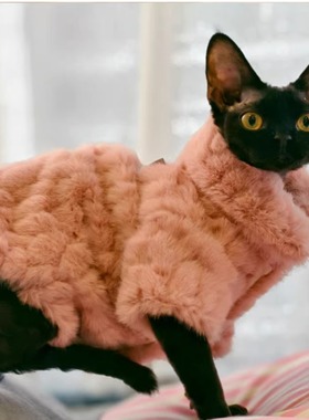 Pico 德文猫无毛猫斯芬克斯衣服新年战袍冬季仿兔毛皮扣翻领大衣