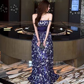 新款 梦梦 MENGMENG｛紫铃兰 重工气质收腰印花大摆连衣裙}