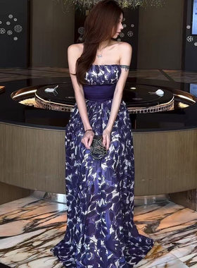 梦梦 MENGMENG｛紫铃兰 新款重工气质收腰印花大摆连衣裙}