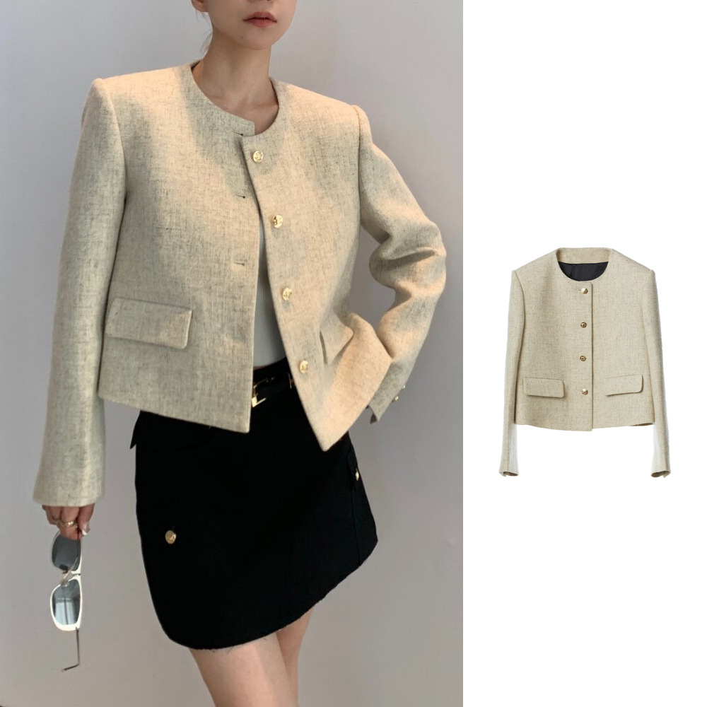 金属扣短款夹克短外套羊毛小香风