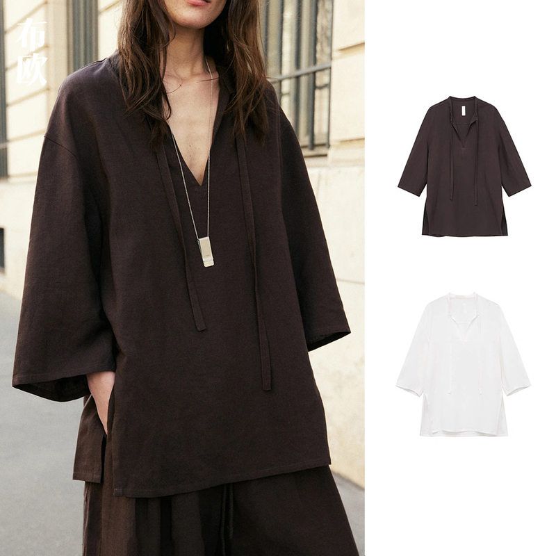 老钱风宽松慵懒V领飘带衬衫