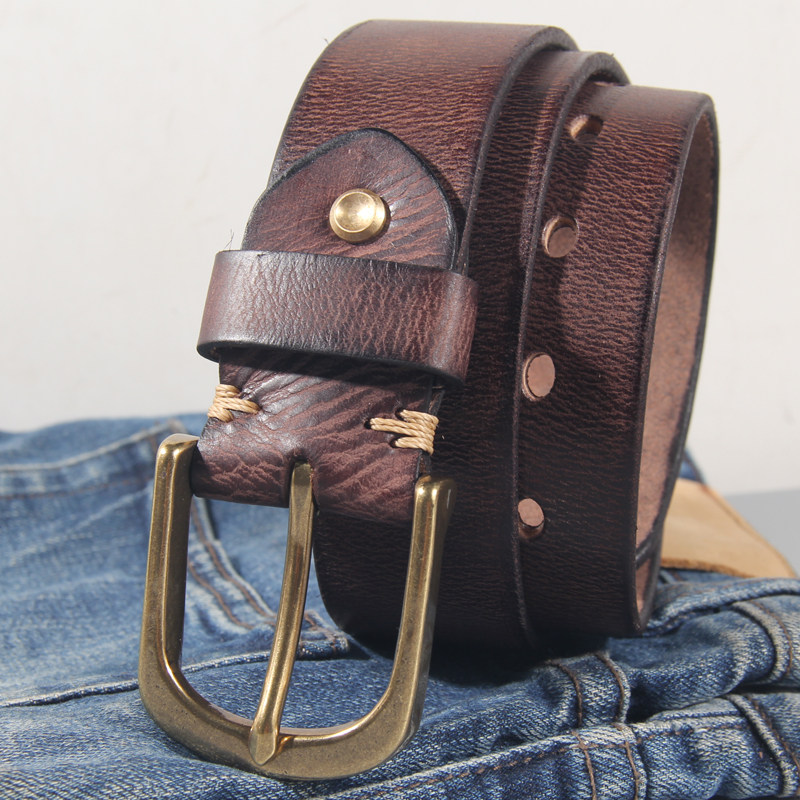 皮带男真皮复古头层纯牛皮手工棕色休闲裤带牛仔裤腰带男士软铜扣