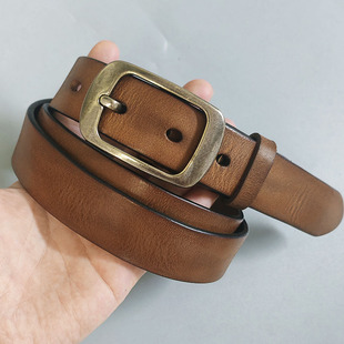 2.7cm皮带女真皮 腰带潮 简约百搭棕色软头层纯牛皮手工复古牛仔裤
