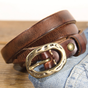 细皮带女铜扣装 腰带窄 饰打结手工复古百搭软棕色头层纯牛皮牛仔裤