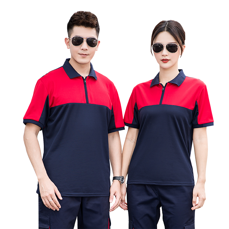 汽修工作服夏裝翻領(lǐng)拼色速干網(wǎng)眼棉T恤印字維修安裝技術(shù)員薄套裝