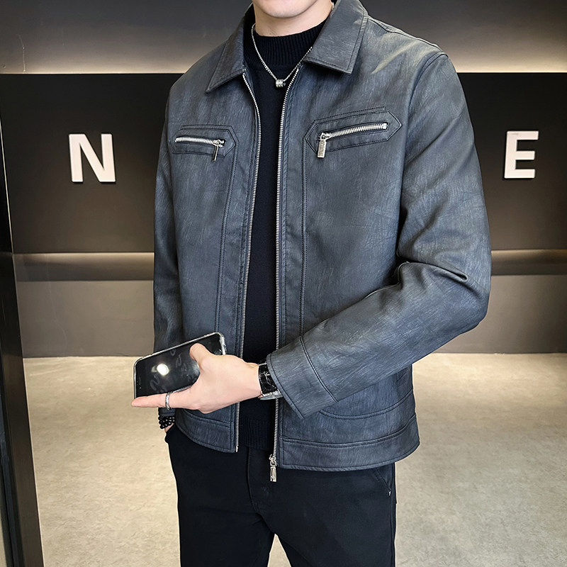 模特2026年春装男士机车皮衣PU皮夹克外套2506P140灰色，男装夹克，电商D227