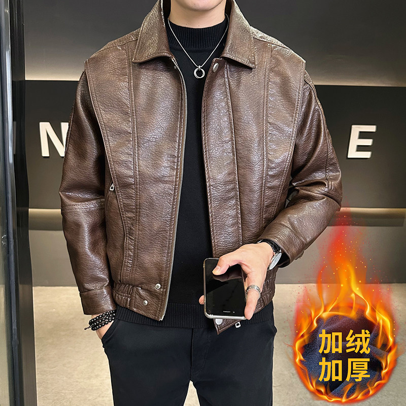 模特男士机车加绒皮衣PU皮夹克2024（8024加绒款）P145咖啡,男装皮衣,电商D227