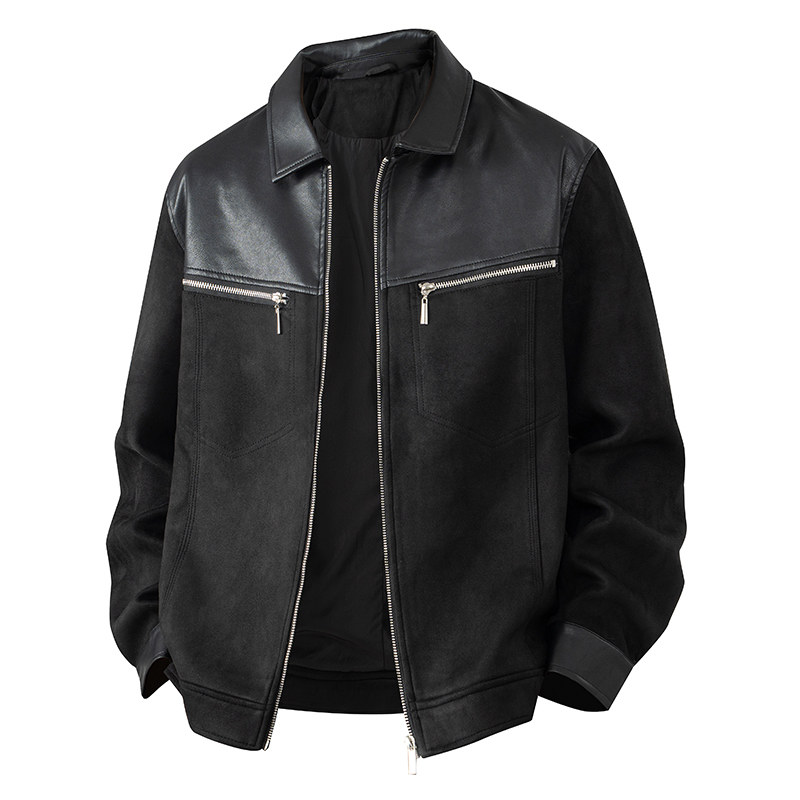 平铺摆拍2025年秋装翻领PU拼接长袖夹克外套2509P135黑色，男装夹克，电商D227