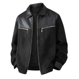 平铺摆拍2025年秋装翻领PU拼接长袖夹克外套2509P135黑色，男装夹克，电商D227