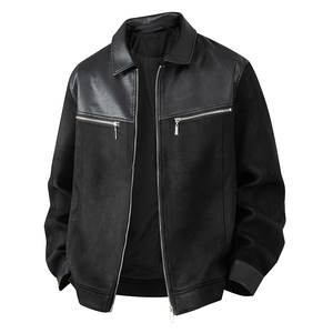 平铺 摆拍 2025年秋装翻领PU拼接长袖夹克外套 2509 P135 黑色,男装夹克,电商D227