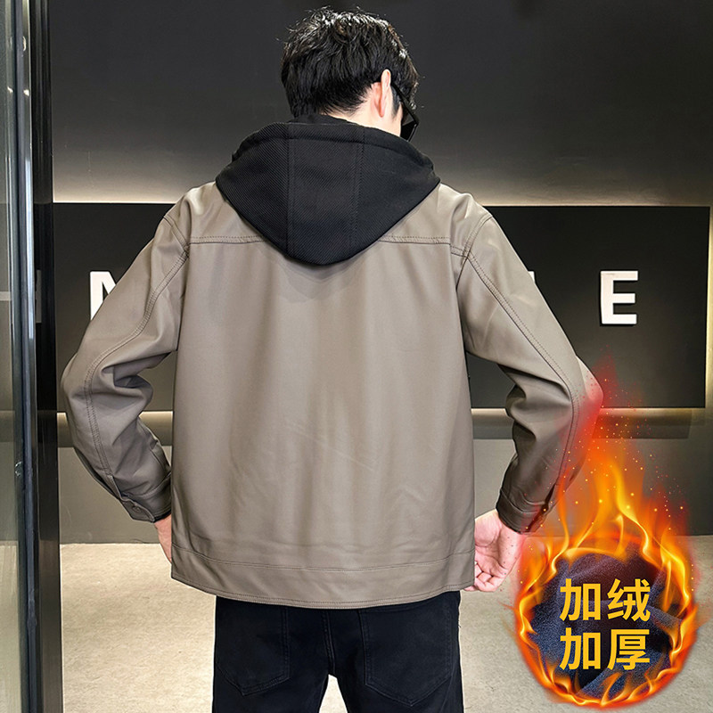 模特可脱卸帽机车加绒皮衣皮夹克8561（5027加绒款）P155浅咖,男装夹克,电商D227