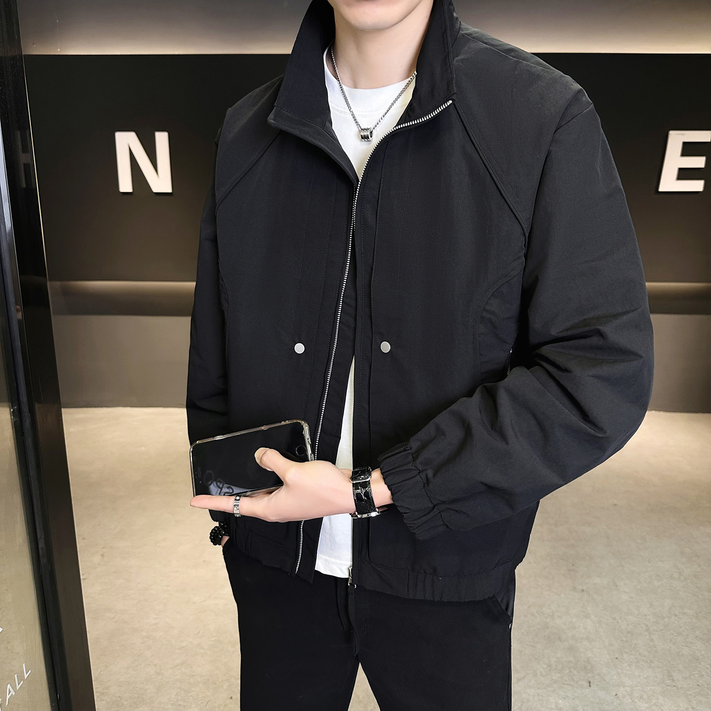 模特2026春装新款立领夹克衫882606P115黑色穿到200斤，男装夹克，电商D227