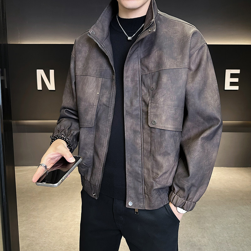 模特2026年春装男士机车皮衣PU皮夹克外套25603P140咖啡，男装夹克，电商D227