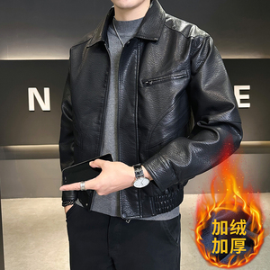 模特 2025男士机车加绒皮衣PU皮夹克 8020 加绒款 P145 黑色图片