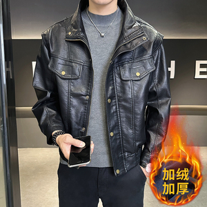 模特男士机车加绒皮衣皮夹克外套 6016-1 （6016加绒款）P145黑色图片