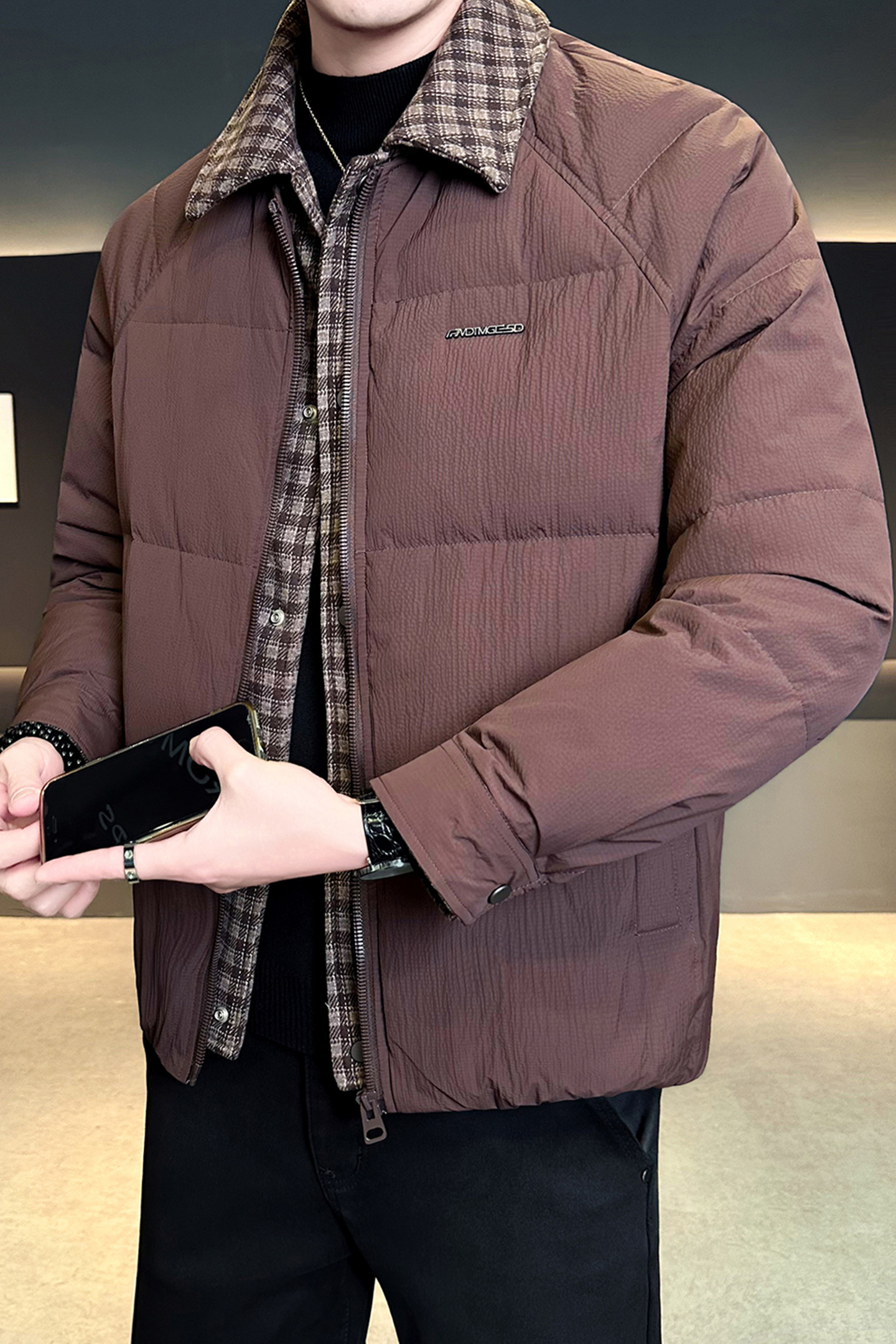 标50绒2025冬季男士翻领拼接白鸭绒羽绒服C30P215咖啡,男装羽绒服,电商D227
