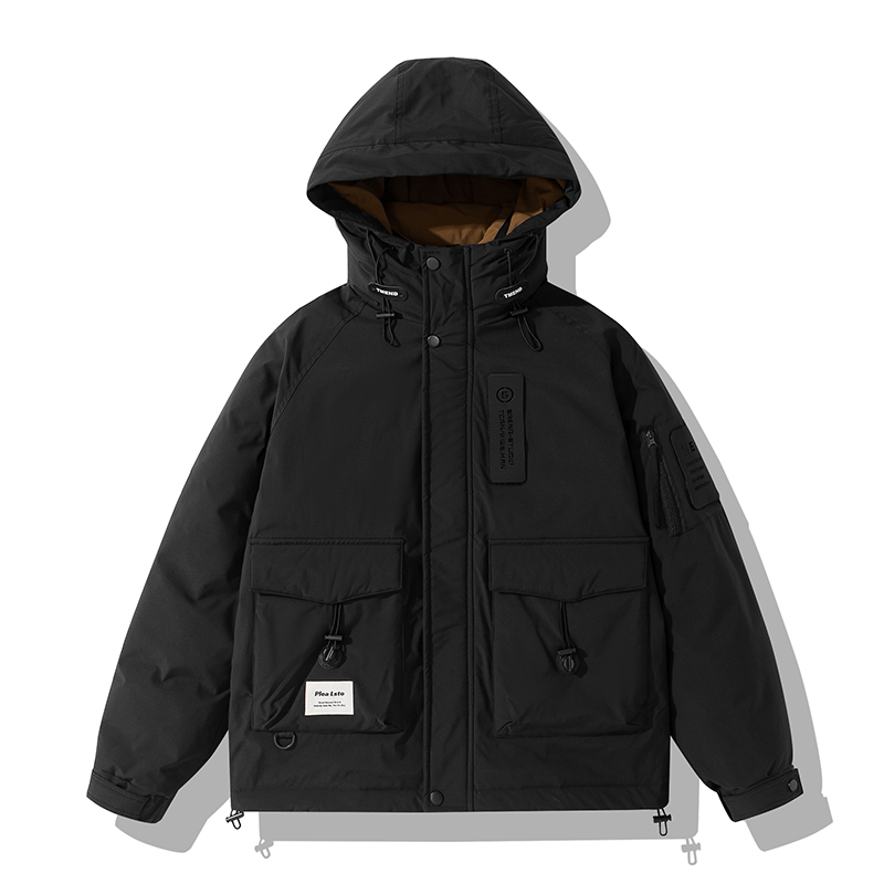 平铺2025羽绒服男士连帽工装冲锋衣外套2379P185黑色，男装夹克，电商D227