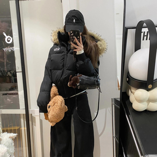 黑色短款大毛领连帽羽绒棉服女冬季2025新款保暖收腰显瘦棉衣棉袄