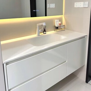 橡木实木浴室柜组合奶油风岩板热弯卫生间陶瓷一体洗脸盆洗漱台