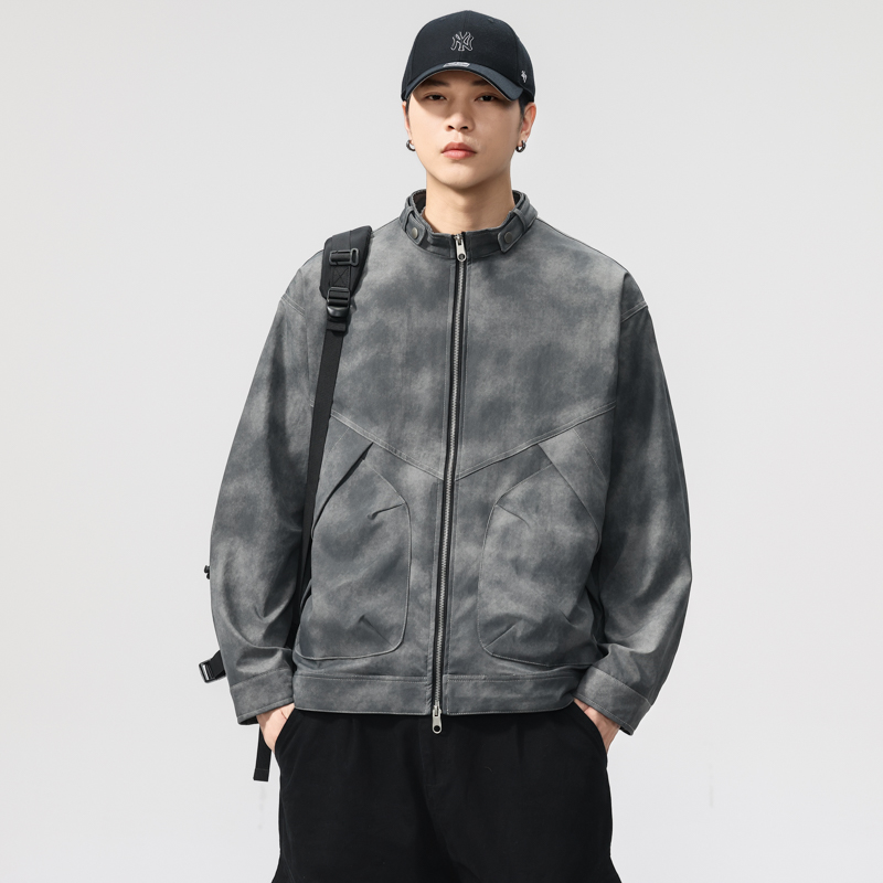 秋季新款美式灰色扎染痞帅宽松休闲拼接剪裁立领工装夹克外套男士