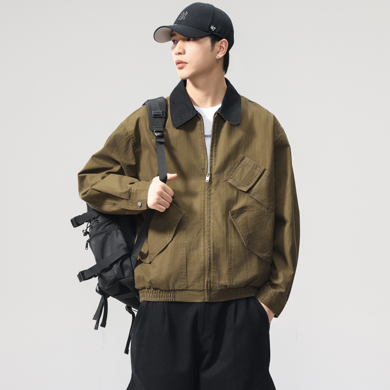 秋季新款巴恩风复古翻领工装多口袋人字纹宽松美式夹克外套个性