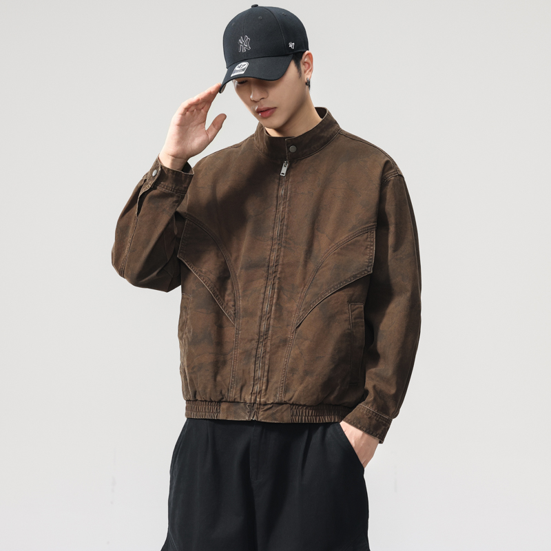 美式复古设计感纯棉巴恩重磅机车立领夹克秋季宽松牛仔工装外套