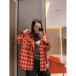 橙黄色格子连帽宽松磨毛衬衫2026春季新款现货