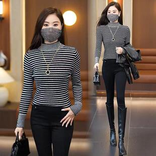 088加厚水貂绒新款修身毛衣条纹秋冬针织高领显瘦百搭上衣打底