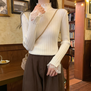 Z7378实拍秋冬韩版气质温柔半高领蕾丝假两件加厚内搭针织衫毛衣