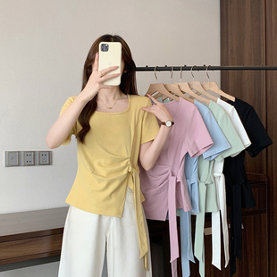 O-35120实拍夏装新款胖mm大码女法式圆领不规则绑带别致短袖T恤