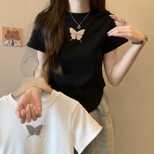 MT1509大码新款美式炸街蝴蝶短袖T恤夏季ins潮牌纯欲风短款上衣