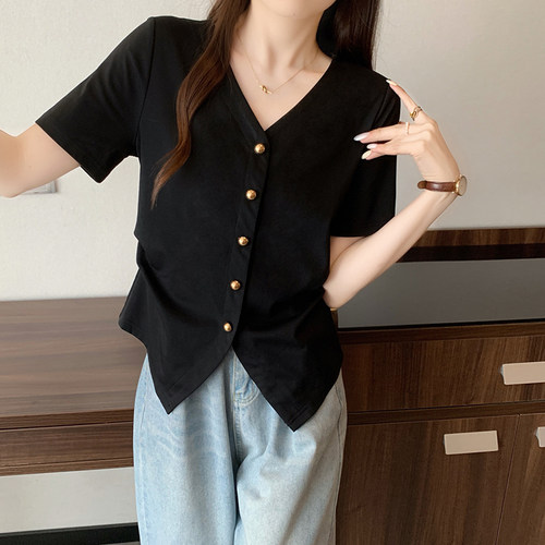 O-35332实拍夏装新款胖mm大码女简约休闲v领不规则掐腰短袖T恤