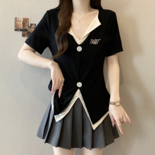 J6508 新款胖MM夏款设计感小众假两件V领绣花百搭显瘦短袖上衣