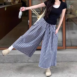 N9697新款 格子裙裤 黑白格子裙裤女 大码胖mm长款半身阔腿裤裙