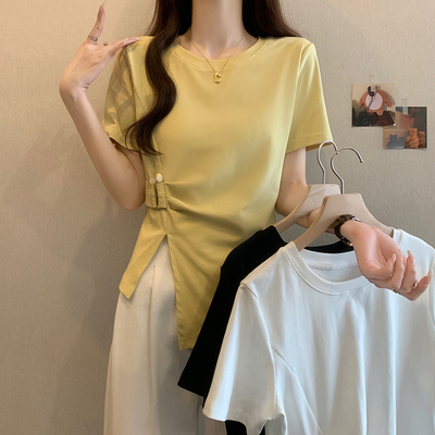 Y16281实拍精棉夏季不规则褶皱挂链短袖t恤胖mm大码收腰显瘦上衣