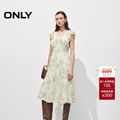 新款 法式 碎花荷叶飞袖 ONLY2025夏季 V领系带修身 中长裙连衣裙女