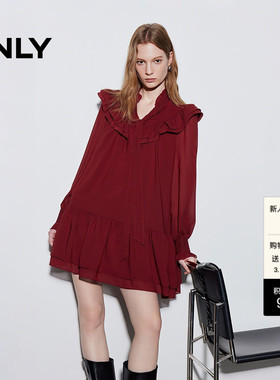 ONLY2026春季新款约会飘带层叠荷叶边垂顺A字红色短裙连衣裙女