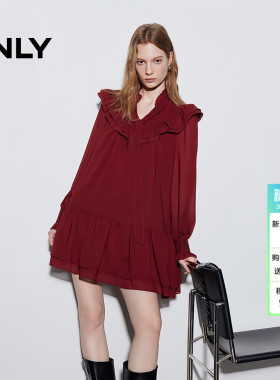 ONLY2026春季新款约会飘带层叠荷叶边A字红色裙子短裙连衣裙女