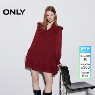ONLY2026春季 约会飘带层叠荷叶边A字红色裙子短裙连衣裙女 新款
