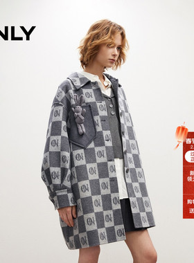 ONLY2025冬季新款宽松落肩棋盘格翻领羊毛混纺廓形毛呢大衣外套女